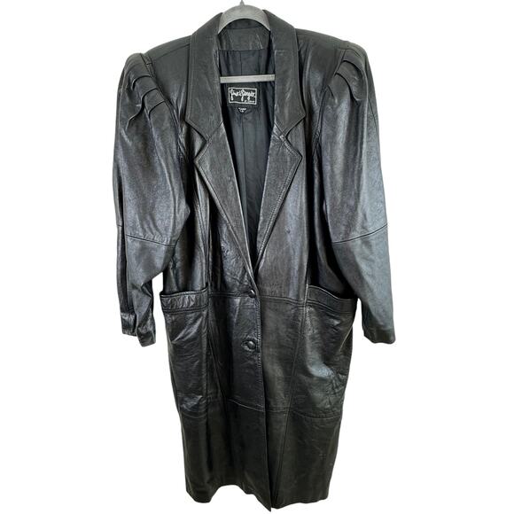 Vintage Gino di Giorgio Black Leather Button Up Trench Coat Size L - Picture 1 of 14